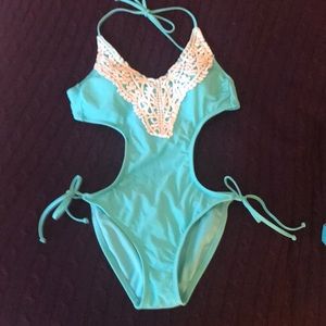 Gorgeous aqua monokini with crochet lace trim boho
